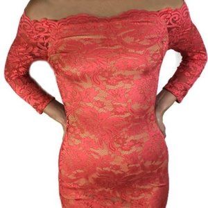 Coral Lace Overlay Dress 3/4 Sleeve Size Small